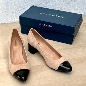 Cole Haan Women's Go-To Block Heel Pumps Cream Suede w/ Black Patent Leather (9)